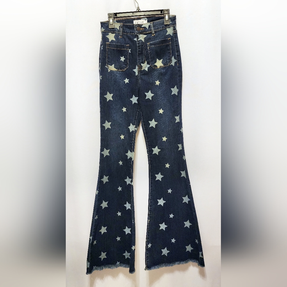 BN (1) dark colored stretchy jeans (360°white star accents) by Cello